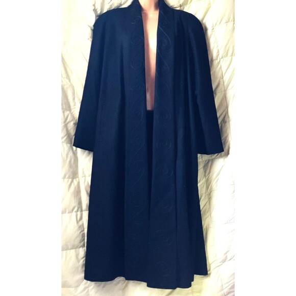 Alorna Vtg Long Wool Coat Open Embroidered Soutache Ribbon Collar L XL 2XL Black - Picture 2 of 16
